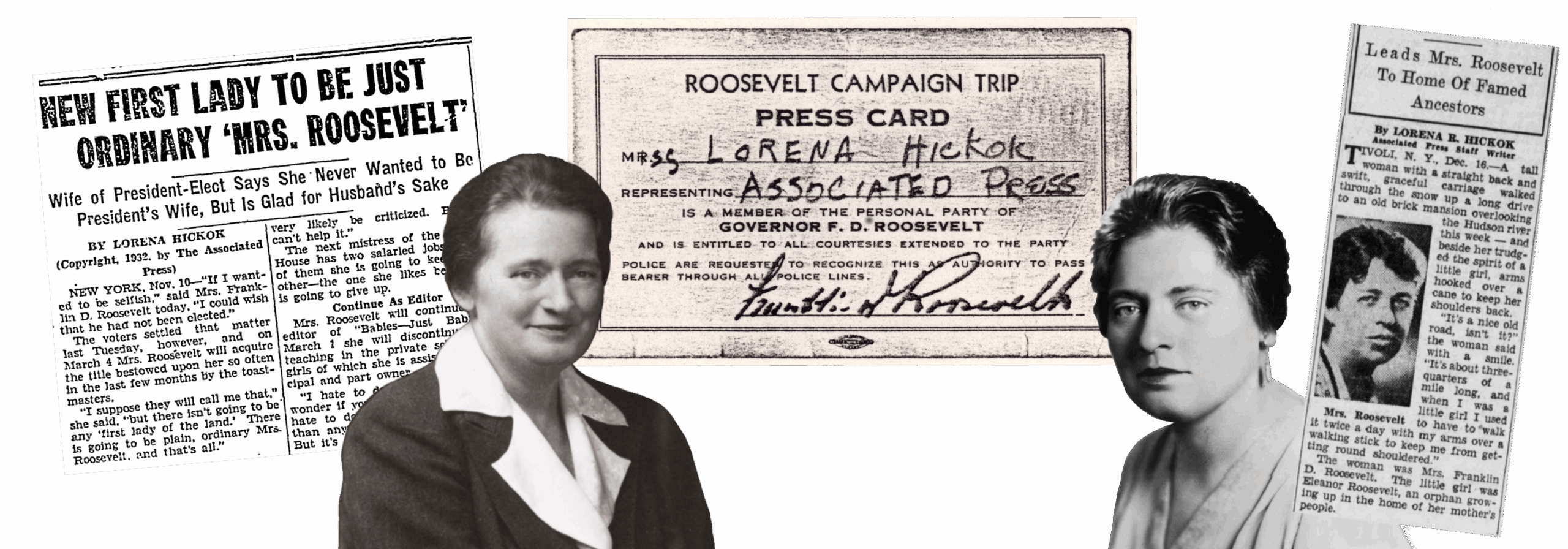 Hick_divider A collage of two photos of Lorena Hickok, two newspaper clippings by Lorena Hickok, and Lorena Hickok's press pass